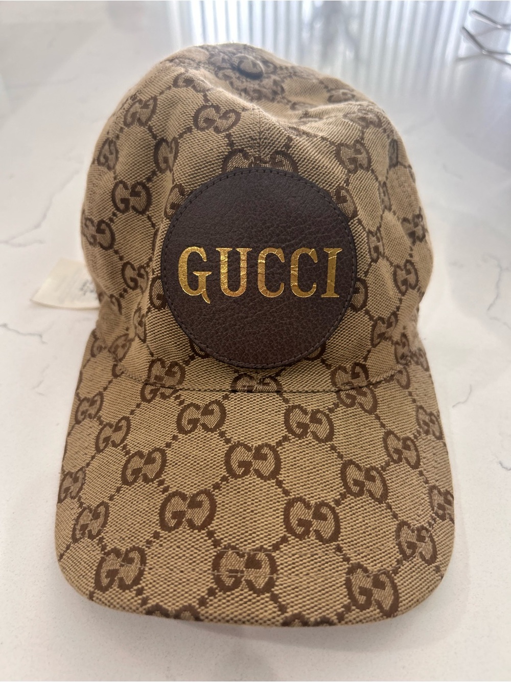 Gucci Brown Beige GG Canvas Baseball Cap with Gold Logo